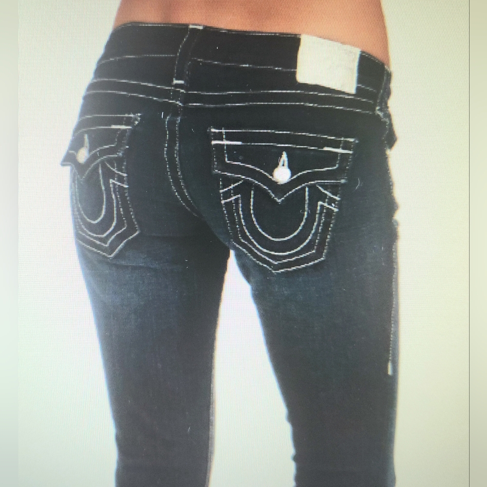 TRUE RELIGION WORLD TOUR GOLD LABEL & STITCHING LOW RISE STRAIGHT LEG JEANS, 25